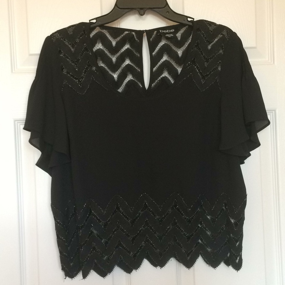 EUC bebe Black Semi Sheer Cropped Short Sleeve Top